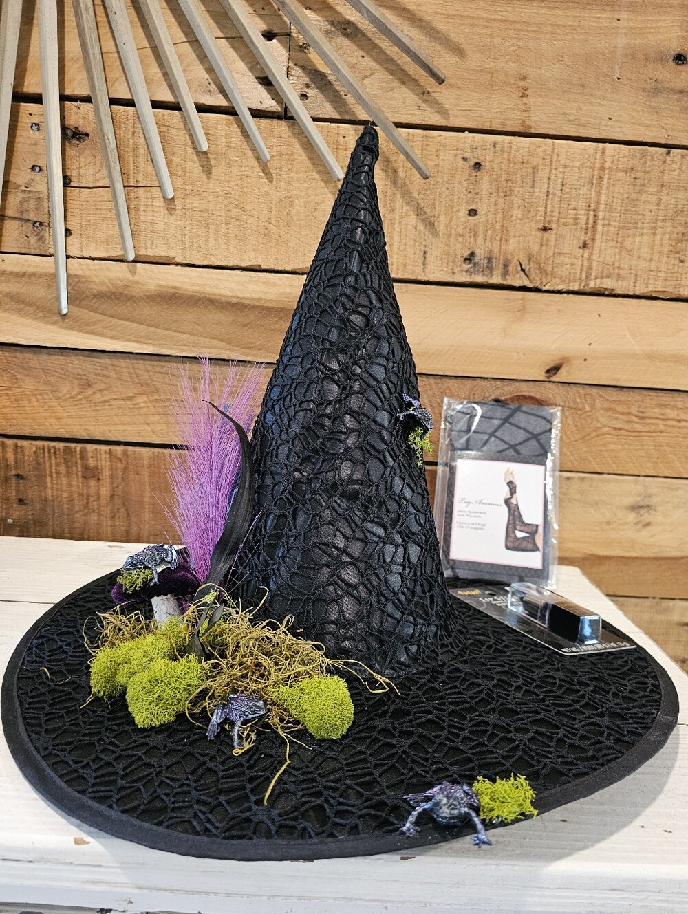 Custom Black Cobweb Lace Witch Hat w/Frogs & Moss, Black Lipstick & Arm Warmers - Picture 4 of 15